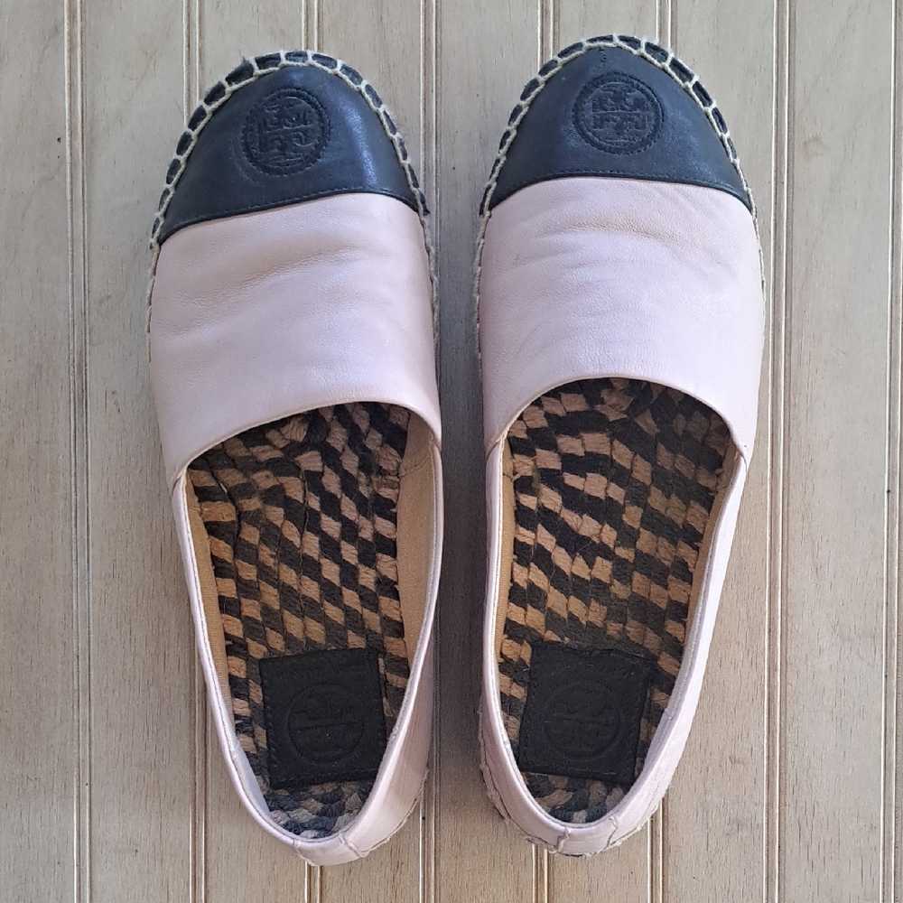 Tory Burch Platform Leather Blush Pink Navy Colorblock Cap Toe Espadrille Flats
